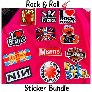 Rock & Roll Mix/Theme Water Bottle- Laptop Sticker Bundle of 12